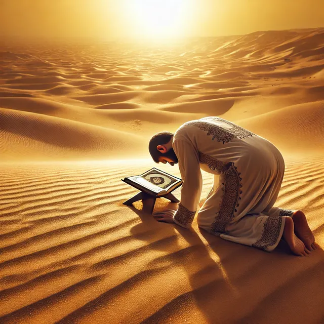 A scene of a person in a state of prostration (sujud) while holding a Quran on a hot desert sand. The figure is dressed in traditional Islamic clothin.webp