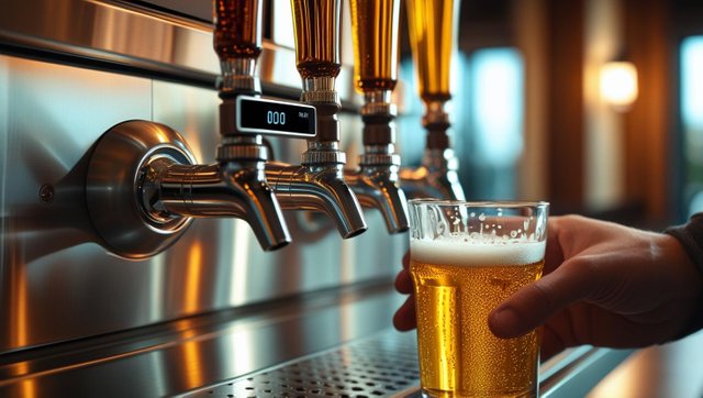 A clean, close-up shot of a hand pouring beer from a self-service tap into a glass. Include a digital screen or meter showing ounces poured. Use modern bar elements like stainless steel, wood accents, and soft ambi.jpg