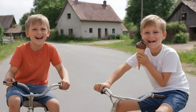 Two-brothers--the-first-is-ten-years-old--the-second-is-eight--happily-eating-a-chocolate-ice-cream-cone--sitting-on-their-bicycles--In-the-background-a-country-village-.jpg