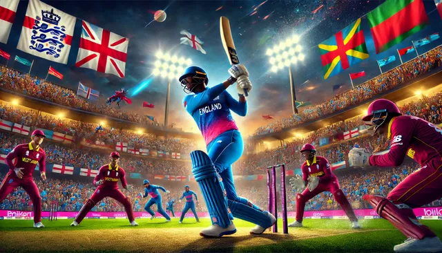 DALL·E 2024-11-19 03.44.17 - An intense and vibrant scene from the T20 cricket series between England and West Indies, showing players in action with England in blue and West Indi.webp