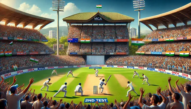 DALL·E 2024-10-25 01.26.18 - A lively depiction of the 2nd Test, 1st day's innings between India and New Zealand, set in Pune's cricket stadium. The scene captures the iconic MCA .webp