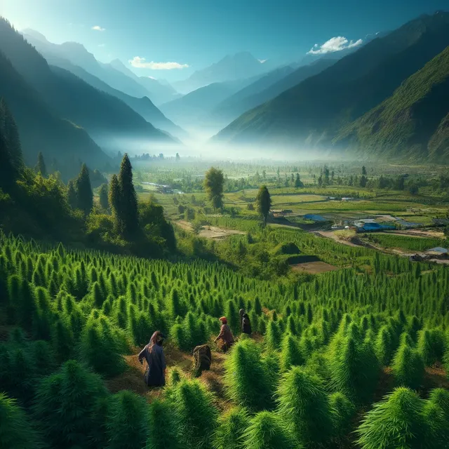 DALL·E 2024-03-29 19.58.40 - A panoramic view of vast hemp fields stretching across the Sindhu Valley, under the clear blue sky. The scene captures the valley's natural beauty, su.webp
