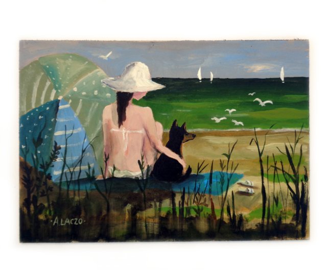 mese agnes laczo art painting beach girl with dog birds sailing boat ocean seascape landscape animal love.jpg