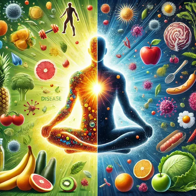 DALL·E 2024-12-28 22.50.21 - A vibrant and visually striking illustration showcasing the concept of health and disease. The image features a healthy human figure glowing with vita.webp