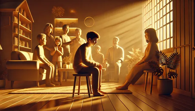 DALL·E 2024-09-13 23.01.00 - A warm and peaceful 3D animated scene of a person sitting in a cozy room surrounded by friends and family. The room is softly lit with warm, golden li.webp