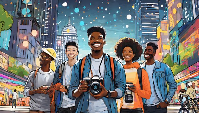 Firefly photographer group holding cameras in city at night cartoon white skin people with many peop.jpg