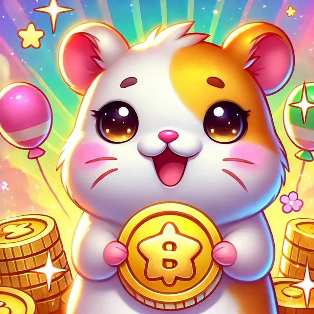 DALL·E 2024-09-26 19.38.01 - A cute hamster holding a golden coin, with a cheerful expression. The background is vibrant and colorful, with playful elements like stars and sparkle.webp