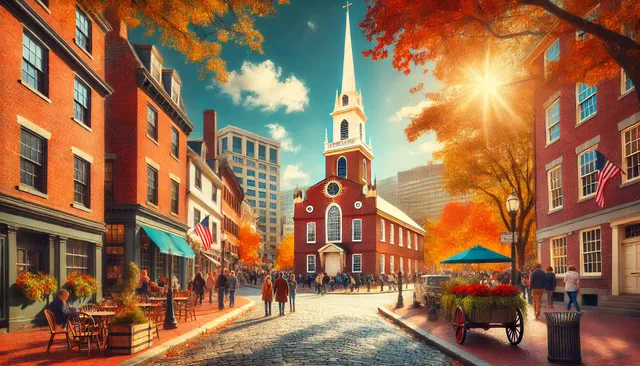 DALL·E 2024-12-23 09.08.10 - A vibrant scene of the Boston Freedom Trail, featuring the Old North Church with its historic steeple, cobblestone streets, and visitors exploring the.webp