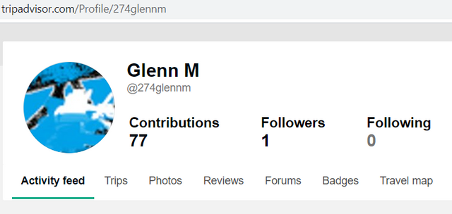 screenshot of my stats on TripAdvisor.com: 77 contributions