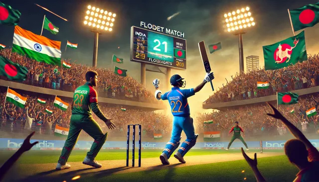 DALL·E 2025-02-21 02.15.59 - A dramatic cricket match scene between India and Bangladesh in a packed stadium under floodlights. An Indian batsman celebrates a century with his bat.webp