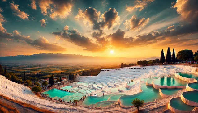 DALL·E 2025-01-04 11.16.40 - A panoramic view of Pamukkale in Turkey, showcasing the white travertine terraces filled with turquoise thermal pools, surrounded by lush greenery and.webp