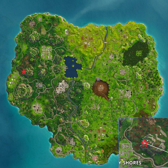 this map looks like an evil face but if you turn it upside down its the evil lair near snobby shores the treasue can be found right on the outside of the - fortnite evil lair location