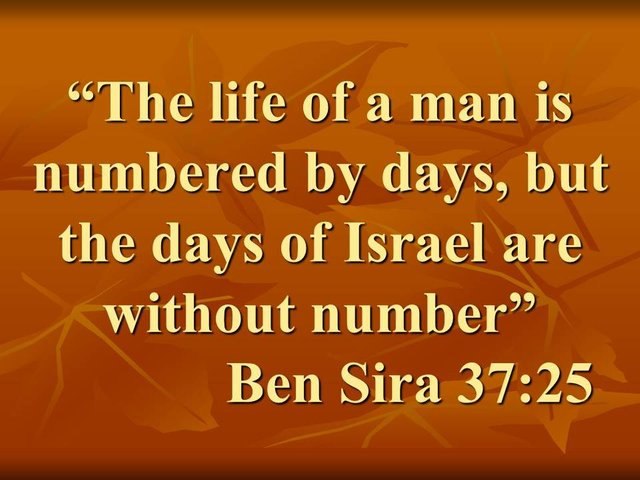 God's wisdom. The life of a man is numbered by days, but the days of Israel are without number. Ben Sira 37,25.jpg