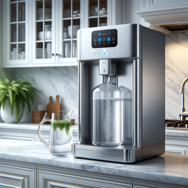 DALL·E 2023-11-21 22.25.47 - A modern and sleek Kangen water system in a kitchen setting. The water system is elegantly designed with a stainless steel finish, prominently featuri.png