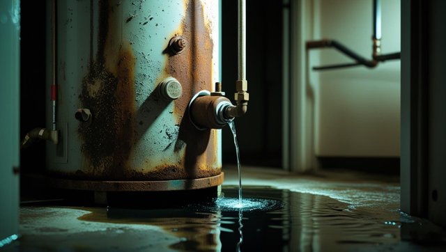 old, rusty water heater in a dimly lit utility room, with a small leak or water pooling underneath, realistic residential setting, clear signs of wear and corrosion, professional tone (1).jpg