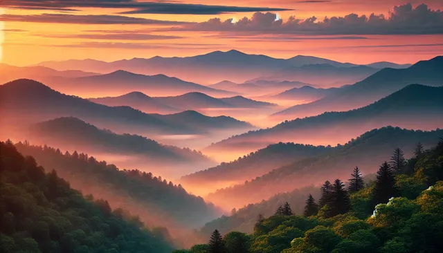 DALL·E 2024-12-13 09.02.49 - A serene view of the Great Smoky Mountains at sunrise, with layers of mist-covered mountains stretching into the distance, lush green forests in the f.webp