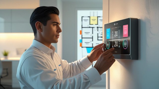 An HVAC technician adjusting a digital thermostat or zoning control panel inside a modern home or office. The screen should display multiple zones labeled (e.g., Living Room, Bedroom, Office) with different tempera.jpg
