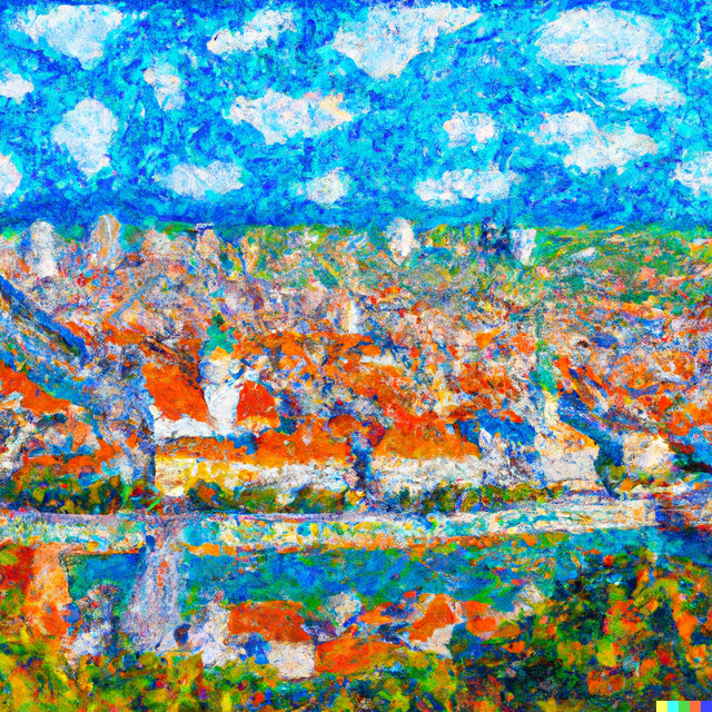 DALL·E 2023-03-29 13.27.58 - create a painting of bratislava seen from above with famous landmarks seen on the ground.png