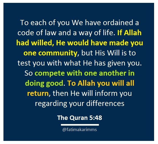 To each of you We have ordained a code of law and a way of life. If Allah had willed, He would have made you one community, but His Will is to test you with what He has given you @ fatimakarimms twitter.png-.jpg