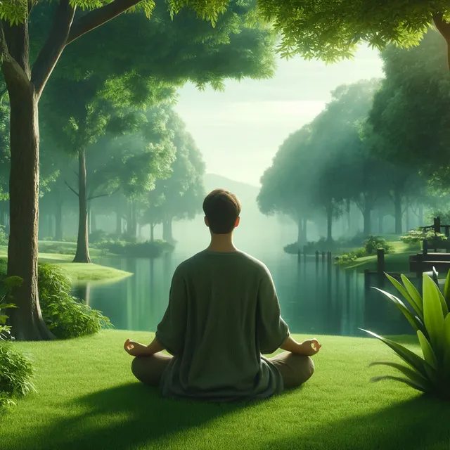 DALL·E 2024-04-12 05.52.59 - A serene and tranquil meditation scene depicting a person meditating peacefully in a park by a lake. The environment is calm, with lush green trees an.webp