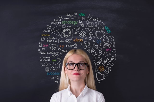 This is a picture of a  blonde women thinking next to a blackboard for an article called Why Competitive Intelligence And Data Analytics Are Different But Work Well Together by Octopus Competitive Intelligence Competitor Analysis.jpg