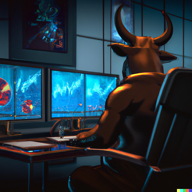 DALL·E 2023-01-14 14.28.13 - _a cinematic digital art painting of a Bull sitting at a computer, looking at forex graphs  .png