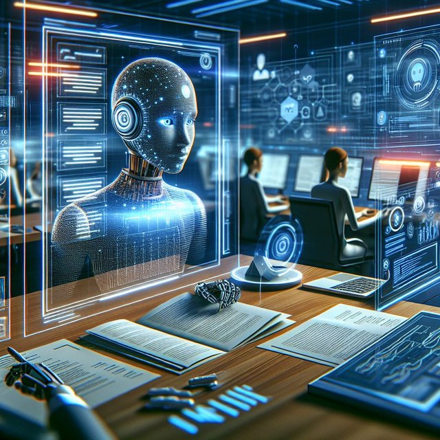 Futuristic AI agent working on a virtual desktop, analyzing documents and generating reports, with a.jpeg