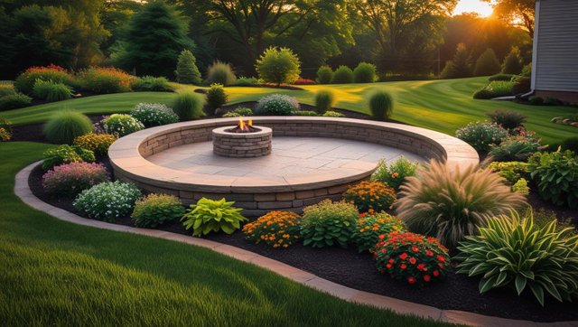 _A professionally landscaped suburban backyard in the Midwest with a green lawn, curved stone patio, flower beds with native Missouri plants, and a cozy fire pit, taken at golden hour, high resolution photo._ (2).jpg