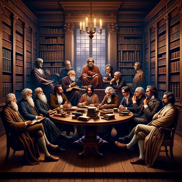 DALL·E 2024-03-01 19.51.15 - A classic library setting filled with ancient books and a large round table at the center. Around the table, famous Western philosophers like Socrates.webp