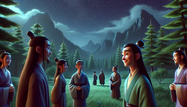 DALL·E 2024-09-09 07.07.44 - A 3D Pixar-style image set in ancient China, showing a night scene in a quiet mountain clearing. The sky is dark, dotted with stars, as the wind gentl.webp