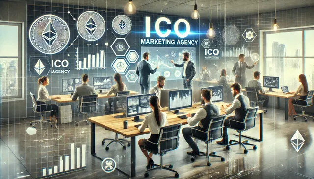 DALL·E 2025-01-28 13.07.20 - A modern, professional office environment showcasing an ICO marketing agency. The image should include people working together on computers, discussin.webp