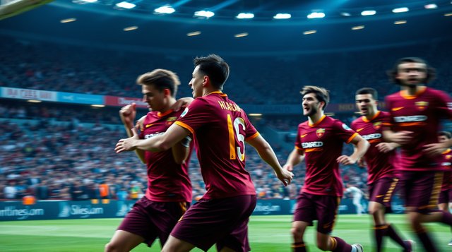 Dynamic motion photograph rich in burgundy and deep blue hues, depicting a crowded arena during a seven-a-side soccer match, AS Roma players celebrating a goal, blurred lines, action pose.jpg