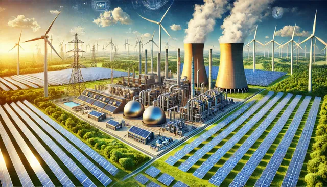 DALL·E 2025-02-21 09.15.15 - A detailed illustration of a renewable energy landscape combining thermoelectric, solar, and wind power. The image features a thermoelectric power pla.webp