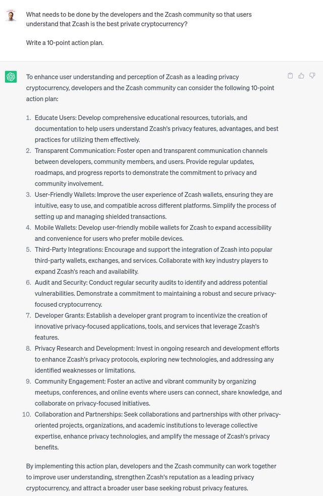What needs to be done by the developers and the Zcash community so that users understand that Zcash is the best private cryptocurrency? Write a 10-point action plan.