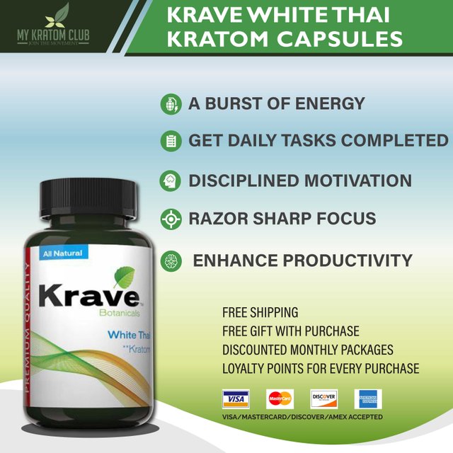 Krave White Thai Kratom Capsules benefits and offerred for sale by My Kratom Club.jpg