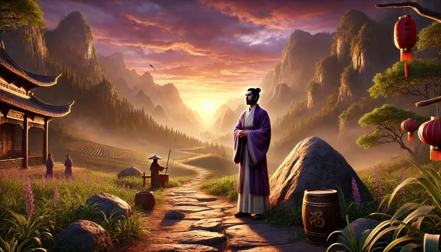 DALL·E 2024-09-09 07.09.01 - A highly detailed 3D image in Pixar animation style, set in ancient China. The scene is in a mountain range at sunset with a sky glowing in shades of .webp