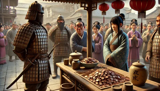 DALL·E 2024-09-05 04.38.54 - A highly detailed 3D image in Pixar animation style, set in ancient China. The scene shows ancient Chinese soldiers wearing traditional armor and patr.webp