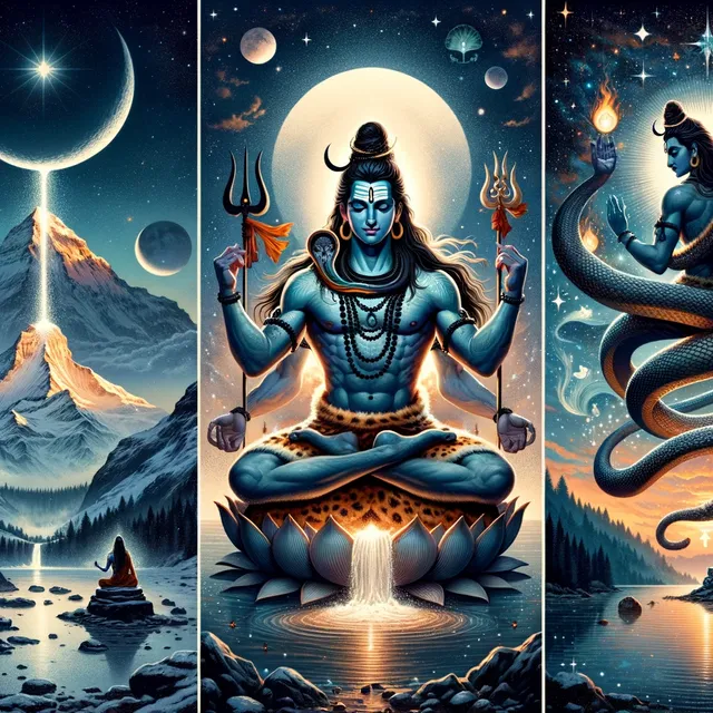 DALL·E 2024-04-02 14.30.47 - A series of three distinct illustrations of Lord Shiva, the Hindu deity. The first illustration depicts Shiva in a meditative pose on Mount Kailash, s.webp