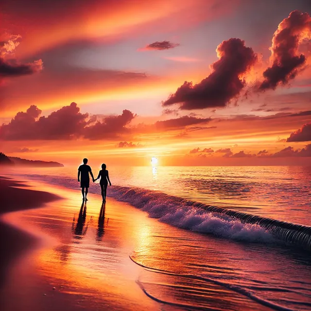 DALL·E 2024-07-01 07.12.14 - A serene beach sunset with vibrant orange and pink hues in the sky, calm waves gently lapping at the shore, and a silhouette of a couple walking hand .webp