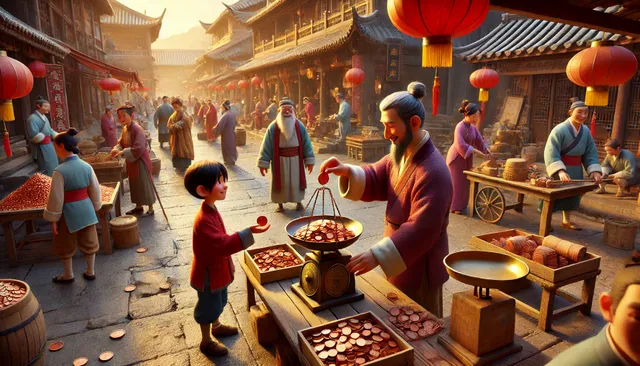 DALL·E 2024-09-05 04.39.38 - A highly detailed 3D image in Pixar animation style, set in ancient China. The scene shows a bustling street market in an ancient city. Merchants are .webp