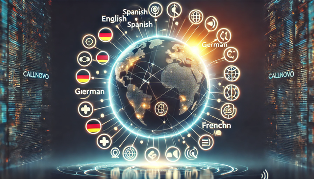 A visually engaging representation of global connectivity and multilingual support. A glowing earth is featured in the background, surrounded by icons representing different languages like English, Spanish, German, and French. The design emphasizes worldwide reach and seamless communication, highlighting Callnovo’s global and multilingual services in a modern, professional style.