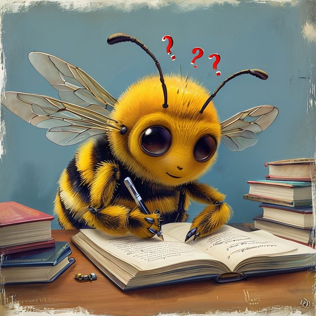 paint-a-bee-that-sits-at-he-desk-and-writes-a-book-with-books-arrount-her-and-questionsmarks-over-.jpeg