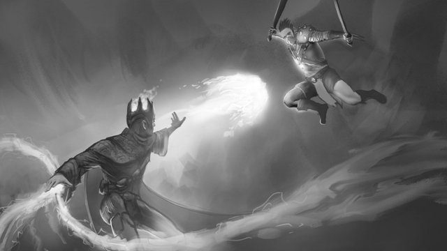 Illustration in progress of an Alchemist versus a Berserker