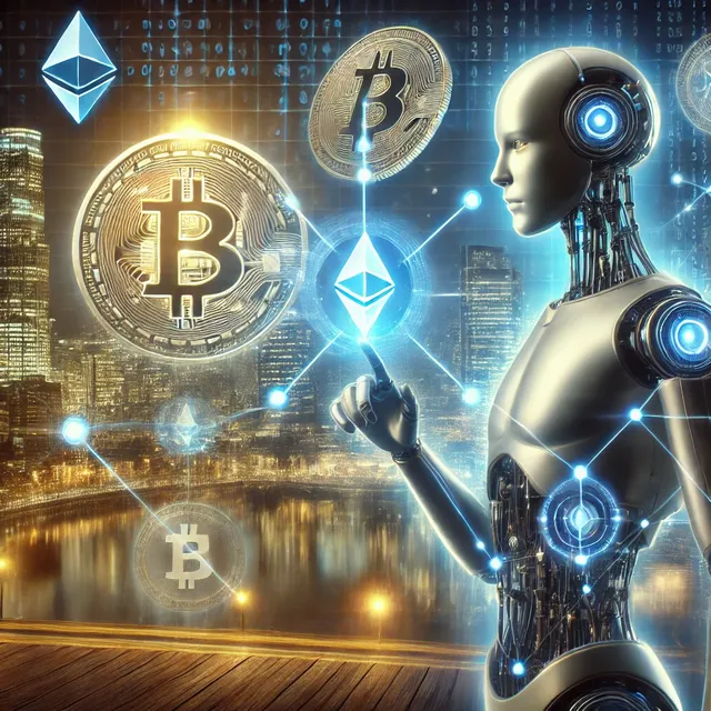 DALL·E 2025-02-27 10.08.40 - A realistic digital artwork depicting the fusion of AI and blockchain technology. A futuristic cityscape with glowing blockchain nodes interconnected,.webp