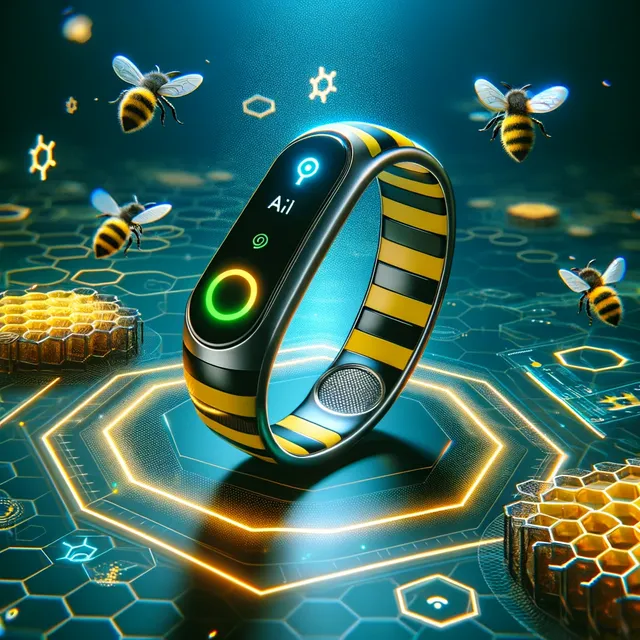 DALL·E 2025-01-09 07.46.45 - A futuristic wearable smart bracelet called 'Bee AI' inspired by a bee's design. The bracelet has a sleek, minimalist aesthetic, featuring yellow and .webp