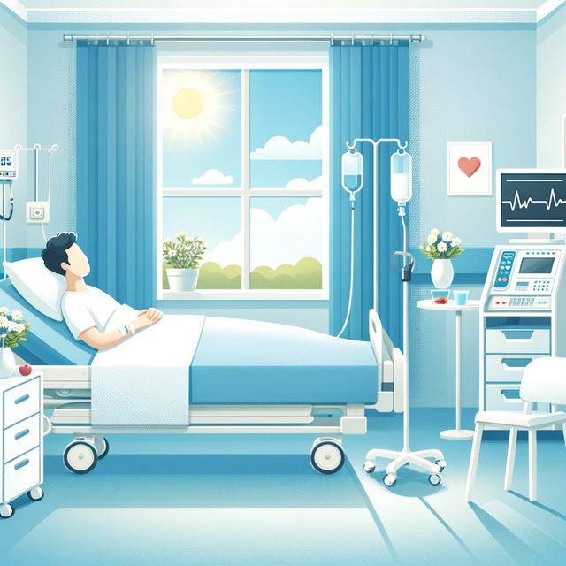 DALL·E 2023-12-24 16.57.55 - A hospital room scene with a patient resting in bed. The room is bright and clean, with medical equipment like a monitor and an IV stand. The patient .png