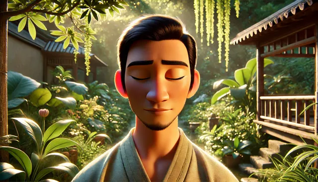 DALL·E 2024-09-18 05.36.29 - A 3D Pixar-style image of Li Ming closing his eyes in reflection, standing in a quiet garden. The sunlight gently illuminates the scene, casting soft .webp