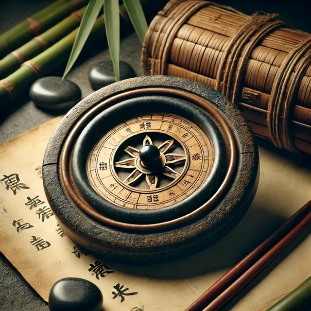 DALL·E 2024-09-16 22.02.32 - An ancient Chinese compass from the Han Dynasty era, made of lodestone and simple wooden elements, used for divination and feng shui. The compass is c.webp