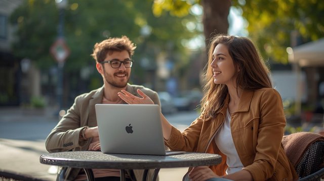 A photorealistic image of two young adults sitting at an outdoor café table, enjoying a relaxed afternoon. One person has a laptop open while the other gestures mid-conversation, creating a natural social moment. W.jpg