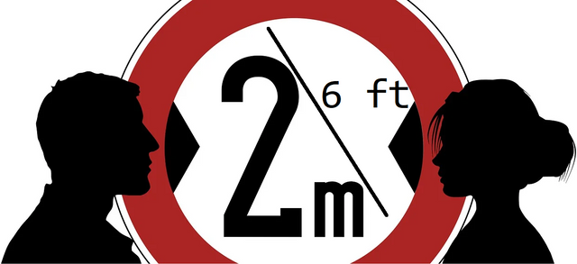 silhouette of man and woman with "2 m \ 6 ft" inside a red circle between them